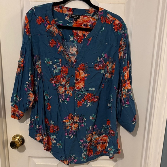 torrid beautiful teal floral button-front shirt with coral and aqua blooms🥰 - Picture 2 of 6